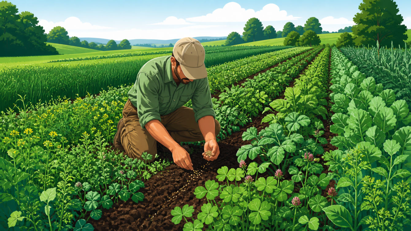 A farmer plants cover crops to enhance soil health and biodiversity.