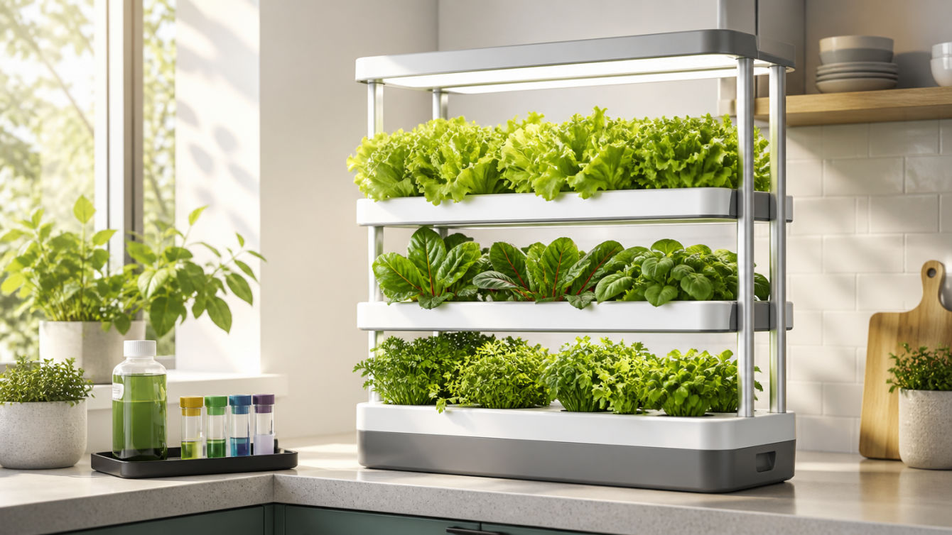 A modern kitchen corner showcasing a hydroponic garden with growing leafy greens.
