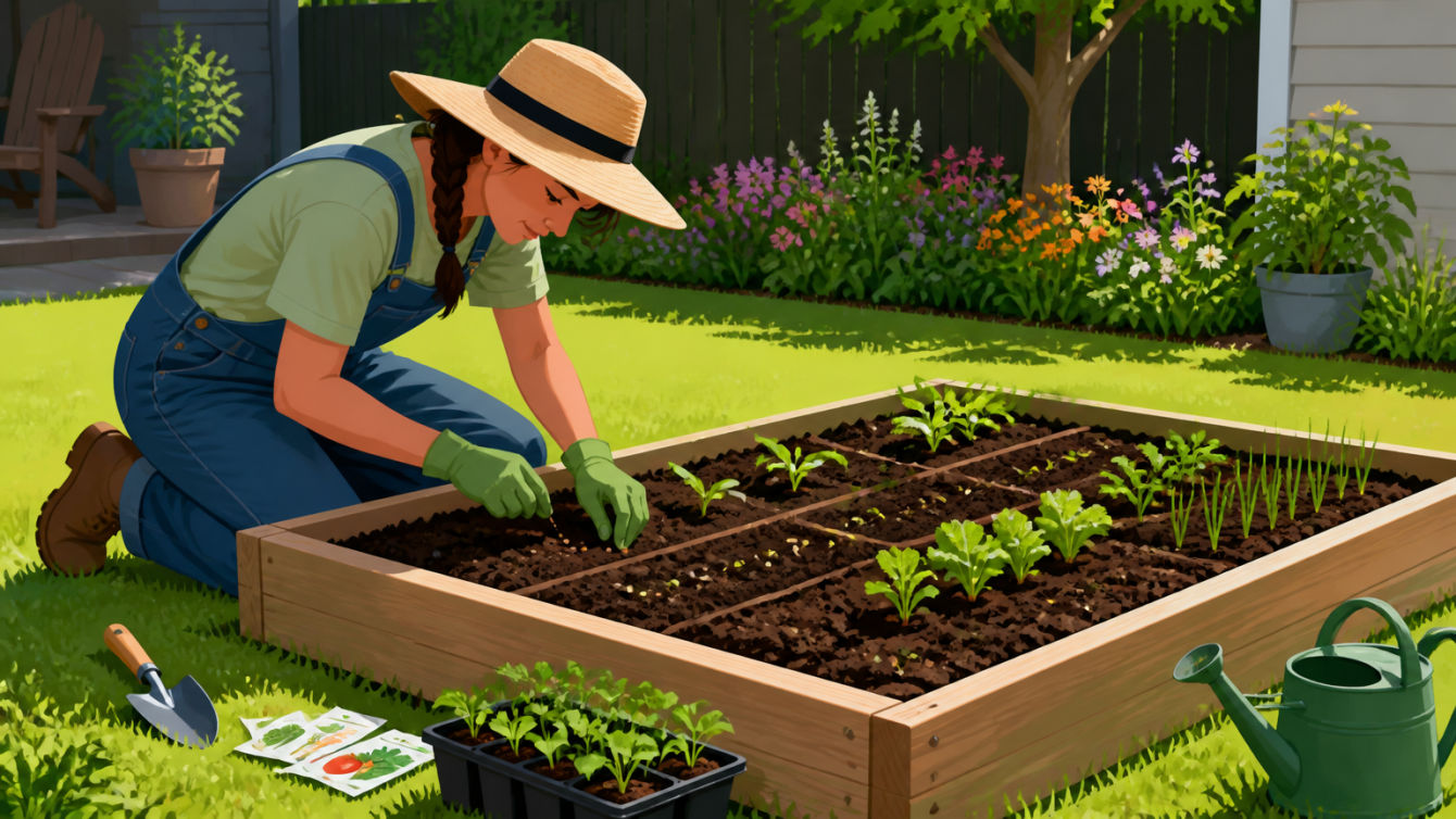 A beginner gardener plants seeds in a sunny raised garden bed.