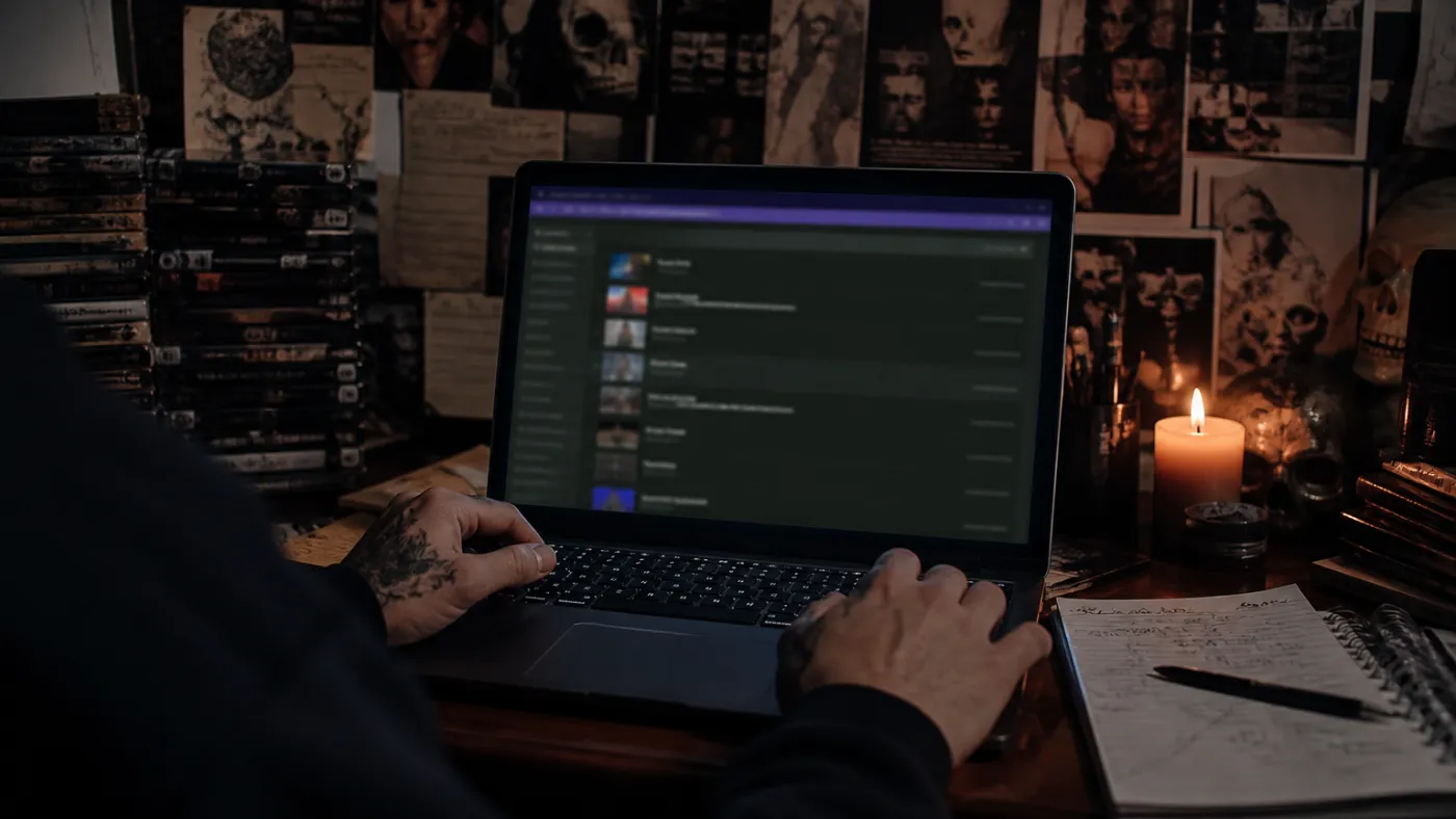 researcher examining Hidden Wiki films and notes