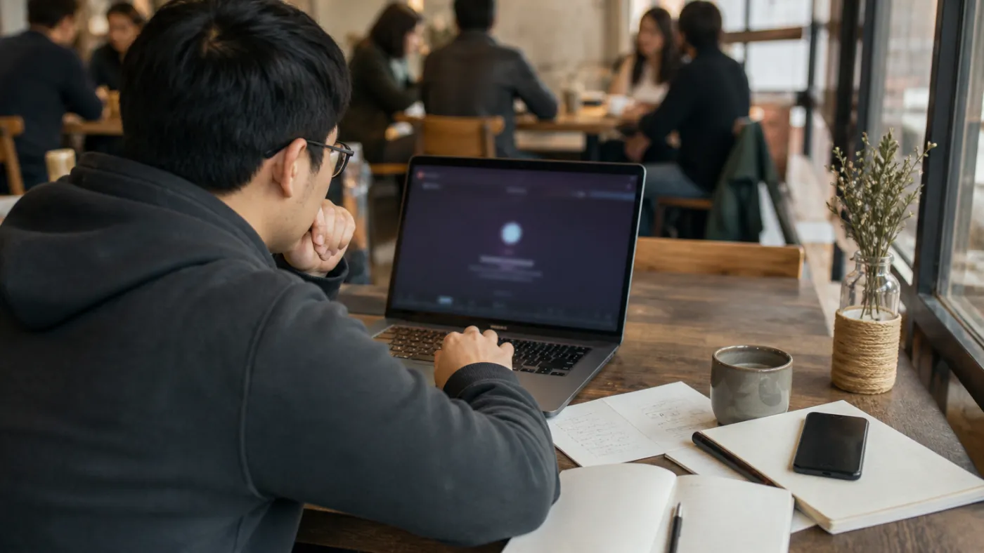 laptop and notes on a coffee shop table