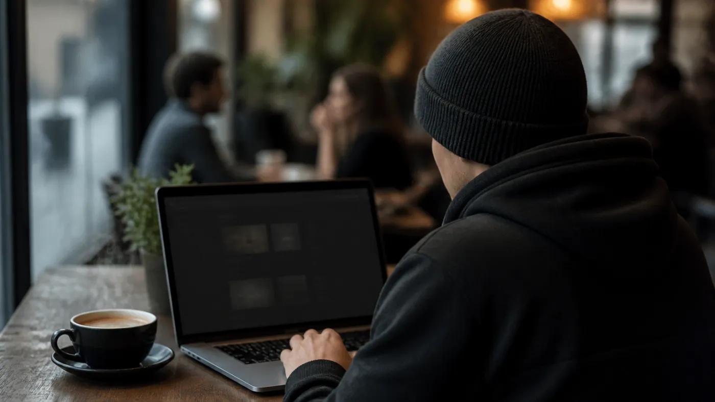 user using laptop in coffee shop