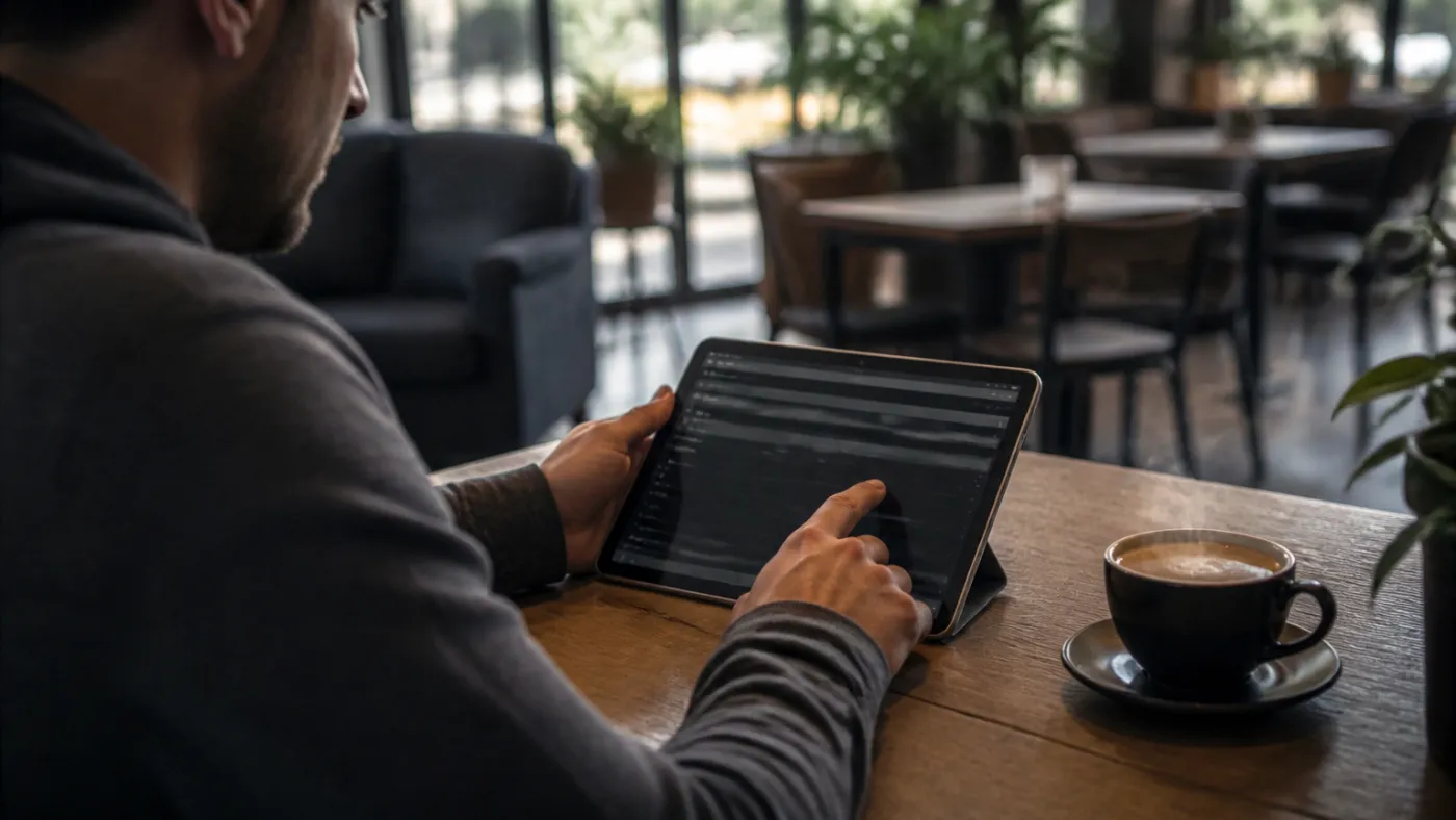 person researching Tor links in a coffee shop