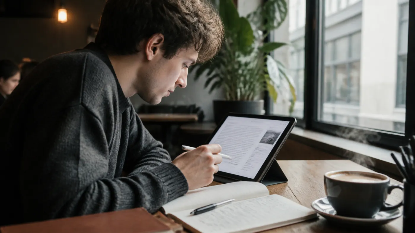 user studying Wikipedia on a tablet in a café