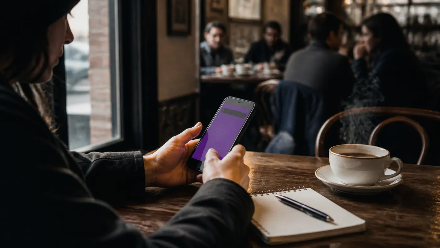 user exploring Tor Browser on smartphone in café
